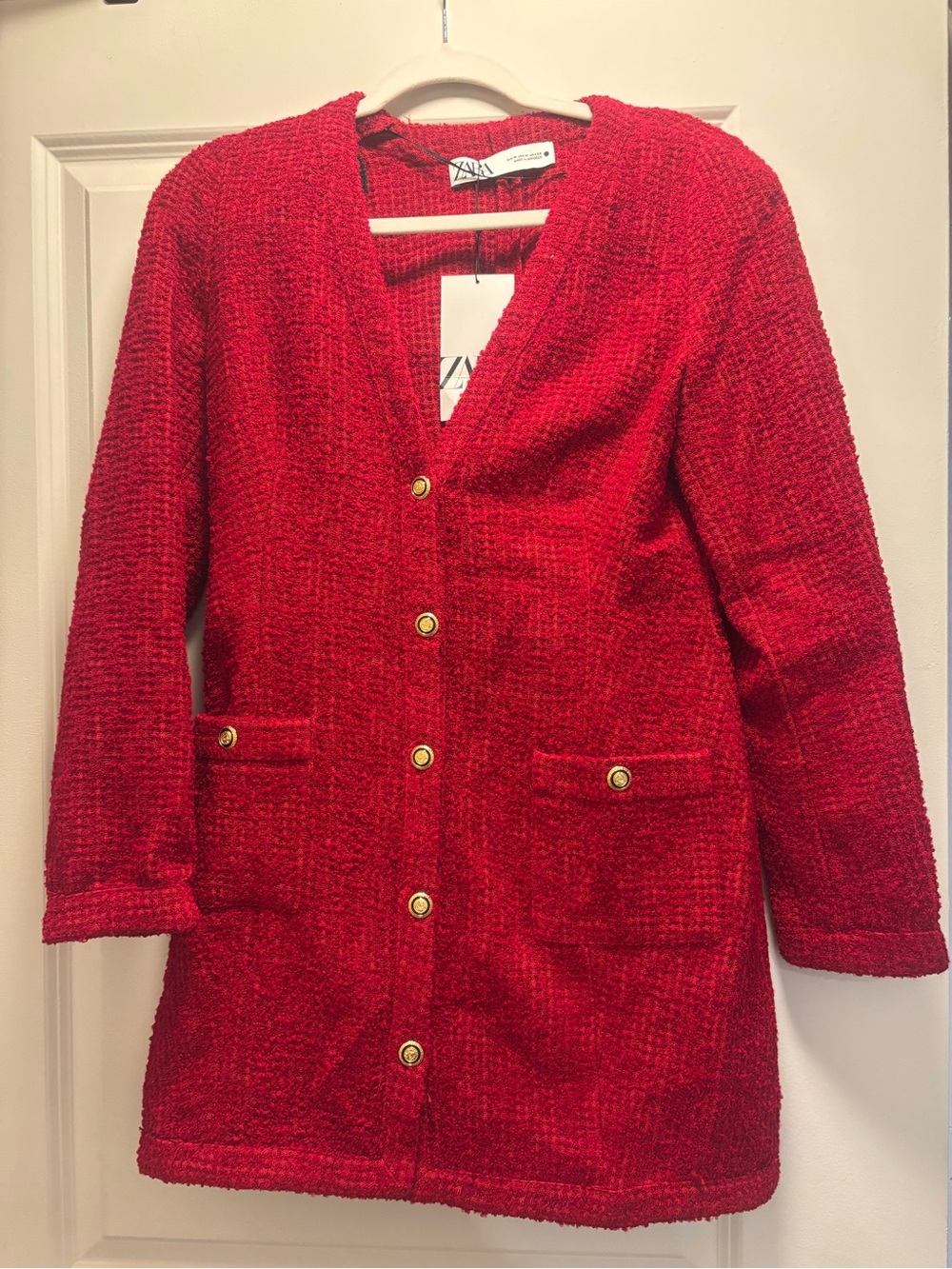 ZARA Bright Red Bouclé Mini Dress with Gold Buttons